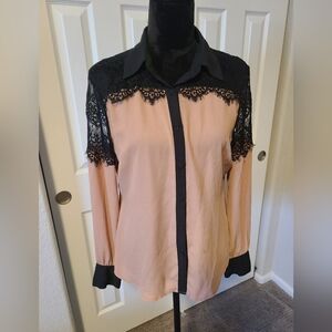 Boston Proper Tan Blouse with Black Lace